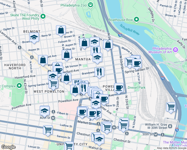 map of restaurants, bars, coffee shops, grocery stores, and more near 3619 Spring Garden Street in Philadelphia