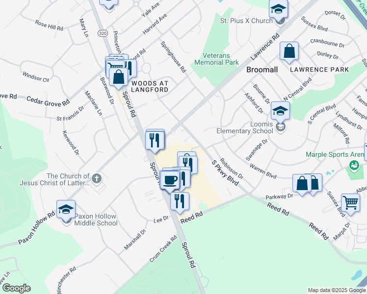 map of restaurants, bars, coffee shops, grocery stores, and more near 519 Donna Circle in Broomall
