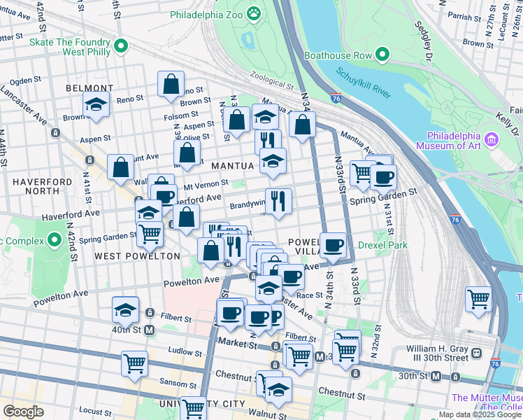 map of restaurants, bars, coffee shops, grocery stores, and more near 3621 Spring Garden Street in Philadelphia