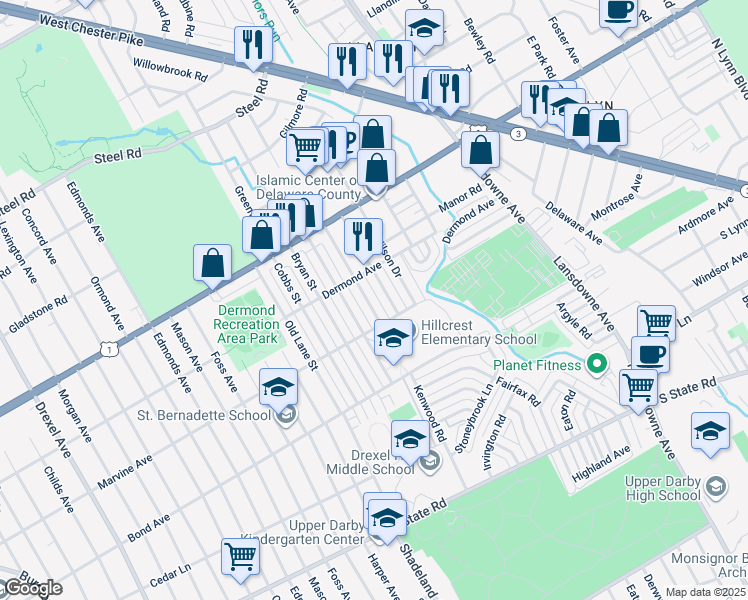 map of restaurants, bars, coffee shops, grocery stores, and more near 1123 Harding Drive in Havertown