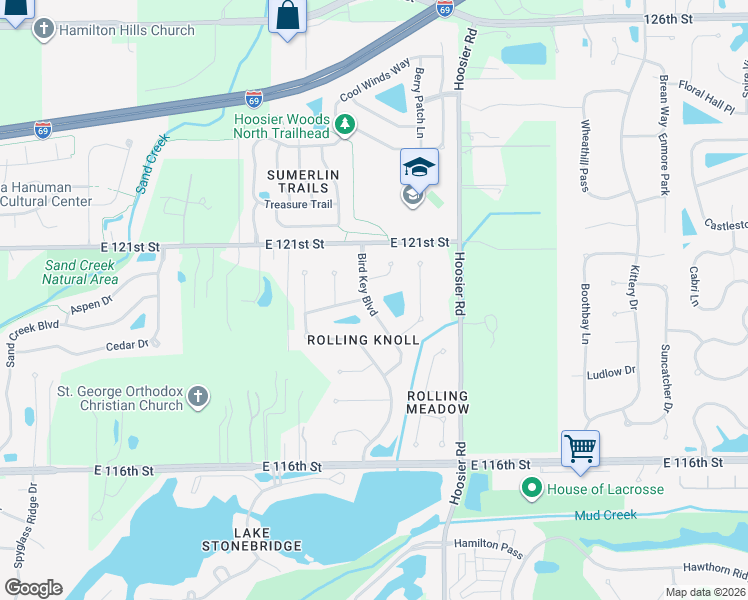 map of restaurants, bars, coffee shops, grocery stores, and more near 11987 Bird Key Boulevard in Fishers