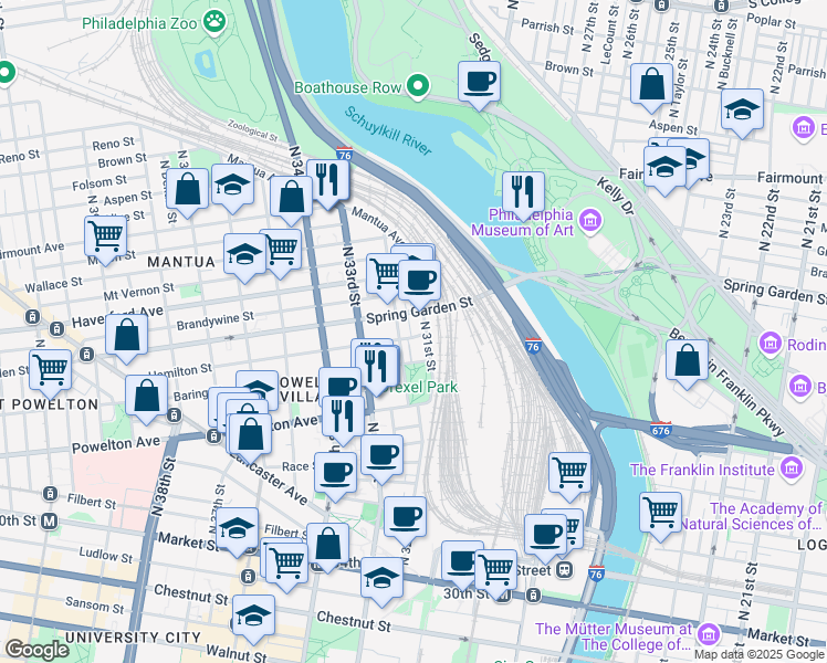 map of restaurants, bars, coffee shops, grocery stores, and more near 421 North Napa Street in Philadelphia