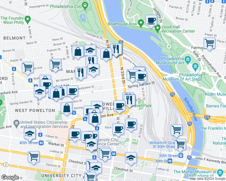 map of restaurants, bars, coffee shops, grocery stores, and more near 434 North 34th Street in Philadelphia