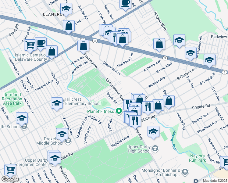 map of restaurants, bars, coffee shops, grocery stores, and more near 2205 Ardmore Avenue in Drexel Hill