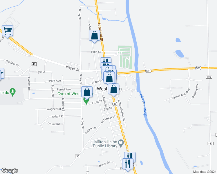 map of restaurants, bars, coffee shops, grocery stores, and more near 17 North Miami Street in West Milton