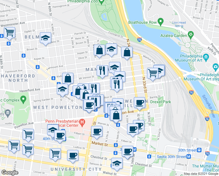 map of restaurants, bars, coffee shops, grocery stores, and more near 3621 Spring Garden Street in Philadelphia