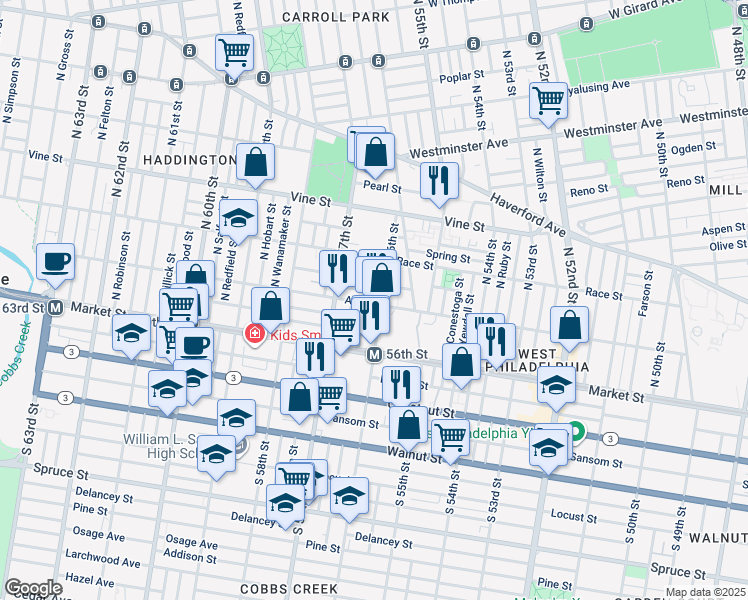 map of restaurants, bars, coffee shops, grocery stores, and more near 5609 Arch Street in Philadelphia