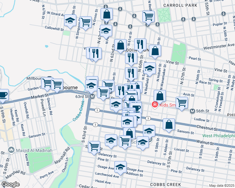 map of restaurants, bars, coffee shops, grocery stores, and more near 17 North Dewey Street in Philadelphia