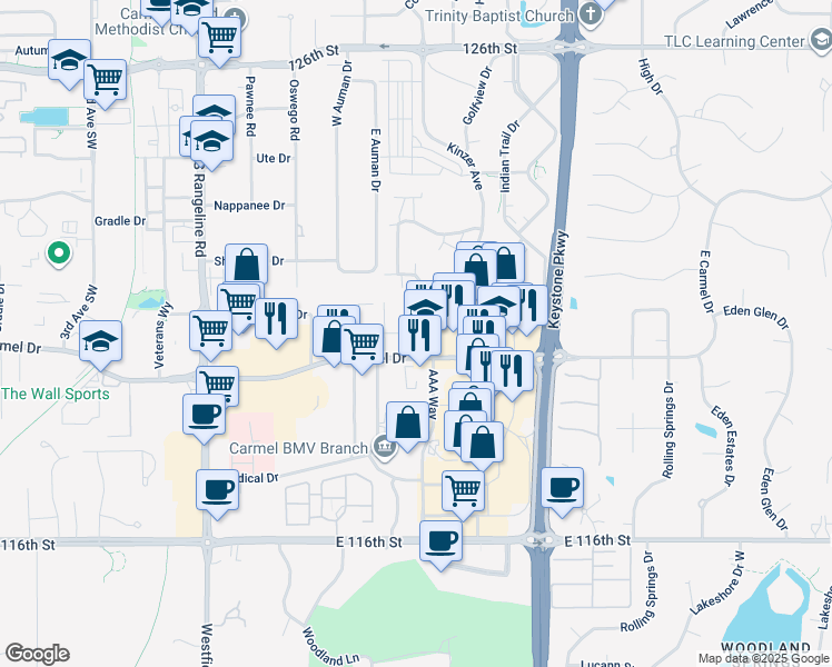 map of restaurants, bars, coffee shops, grocery stores, and more near 484 East Carmel Drive in Carmel