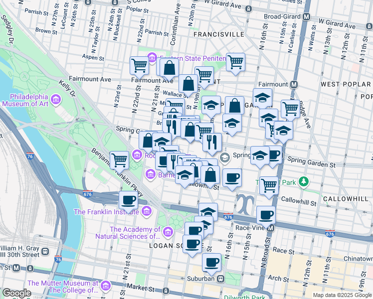 map of restaurants, bars, coffee shops, grocery stores, and more near 510 North 19th Street in Philadelphia