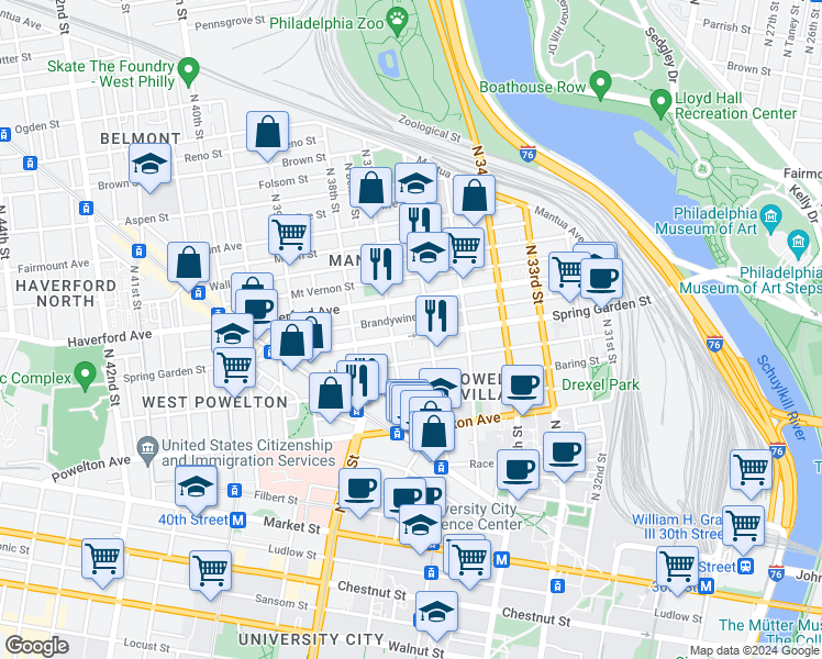 map of restaurants, bars, coffee shops, grocery stores, and more near 3617 Spring Garden Street in Philadelphia