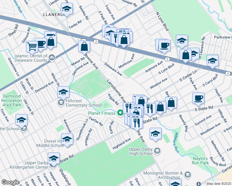 map of restaurants, bars, coffee shops, grocery stores, and more near 2205 Ardmore Avenue in Drexel Hill