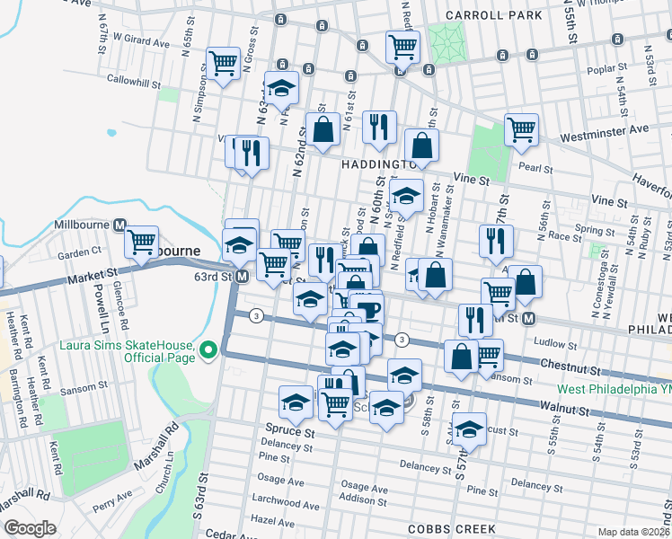 map of restaurants, bars, coffee shops, grocery stores, and more near 38 North Edgewood Street in Philadelphia