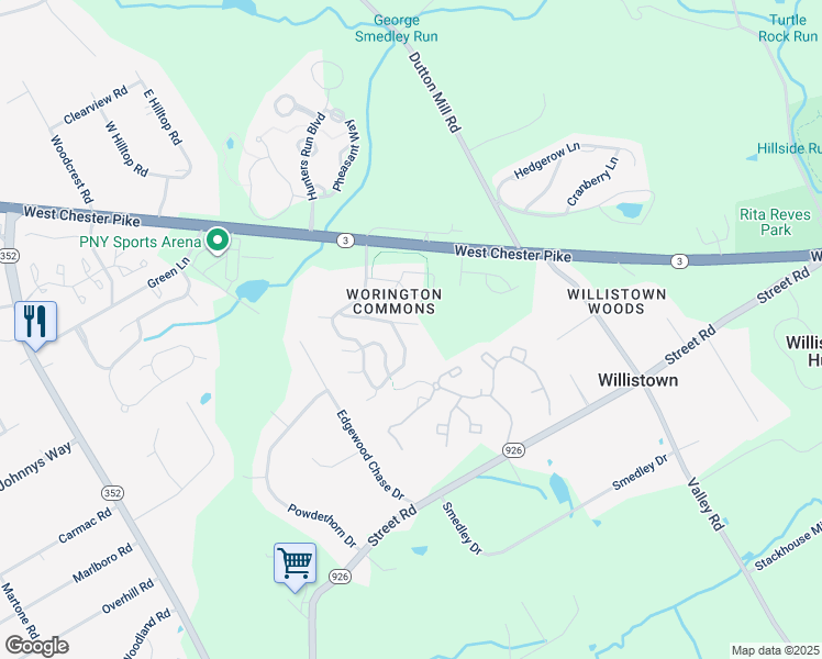 map of restaurants, bars, coffee shops, grocery stores, and more near 3307 Keswick Way in West Chester