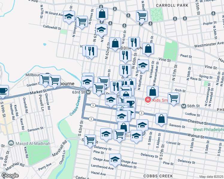 map of restaurants, bars, coffee shops, grocery stores, and more near 17 North Dewey Street in Philadelphia