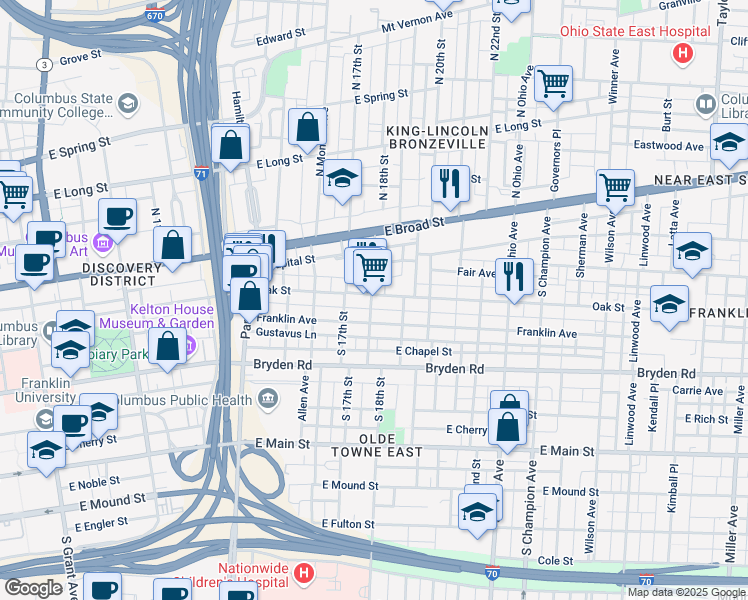 map of restaurants, bars, coffee shops, grocery stores, and more near 940 Oak Street in Columbus