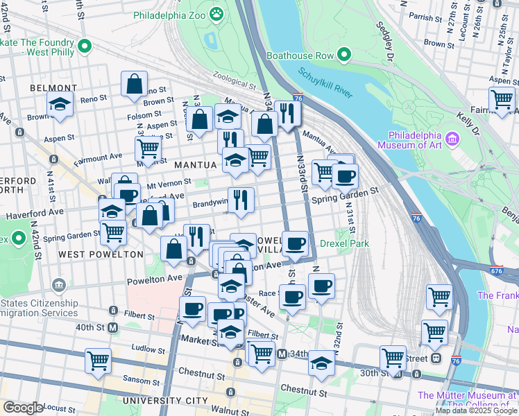 map of restaurants, bars, coffee shops, grocery stores, and more near Spring Garden St & N 35th St in Philadelphia