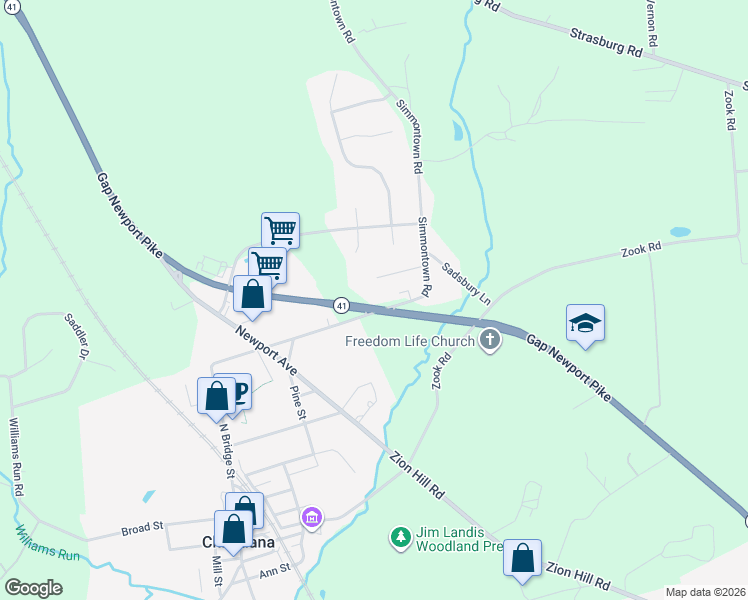 map of restaurants, bars, coffee shops, grocery stores, and more near 423 Pennsylvania 41 in Gap