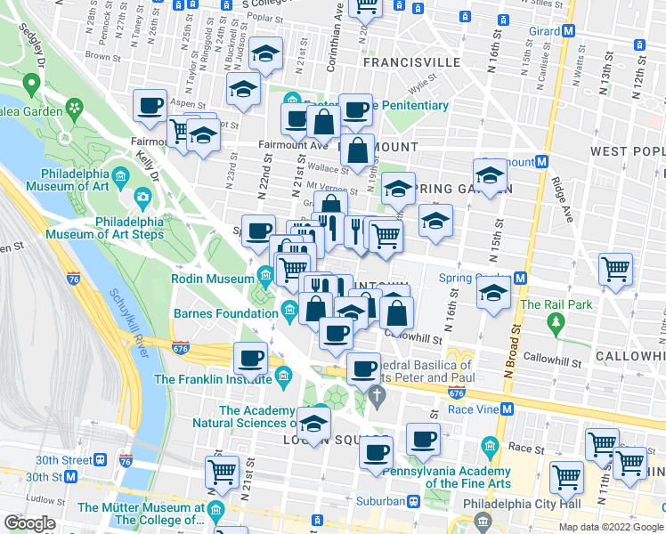 map of restaurants, bars, coffee shops, grocery stores, and more near 56 Hamilton Circle in Philadelphia