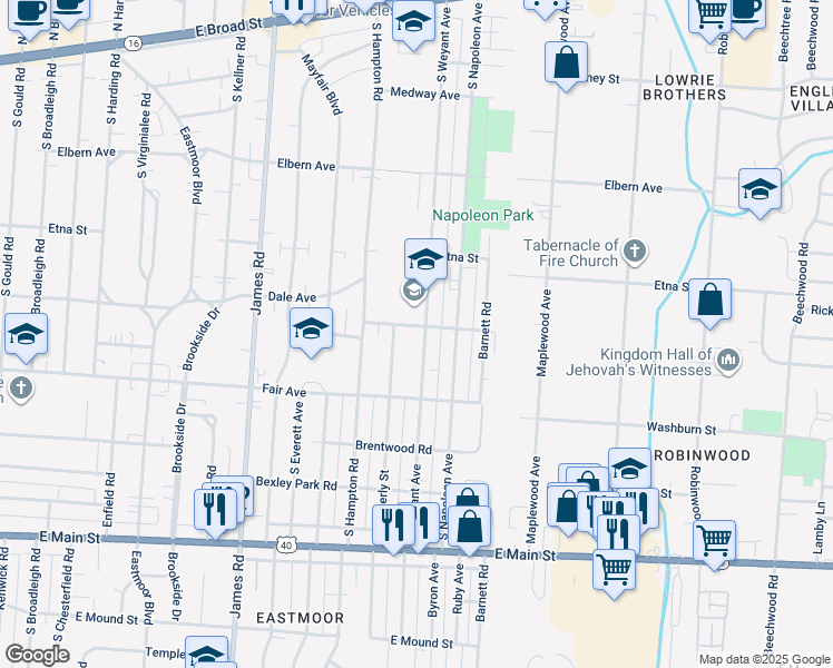 map of restaurants, bars, coffee shops, grocery stores, and more near 465 South Weyant Avenue in Columbus
