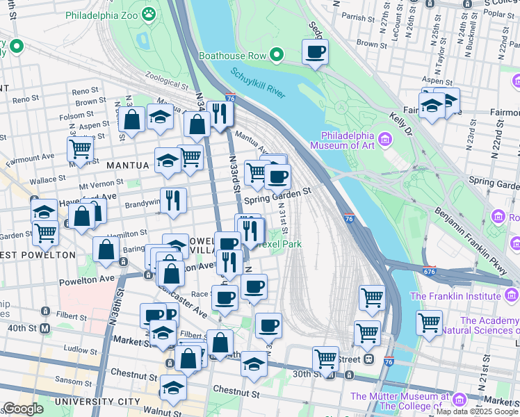 map of restaurants, bars, coffee shops, grocery stores, and more near 428 North 32nd Street in Philadelphia