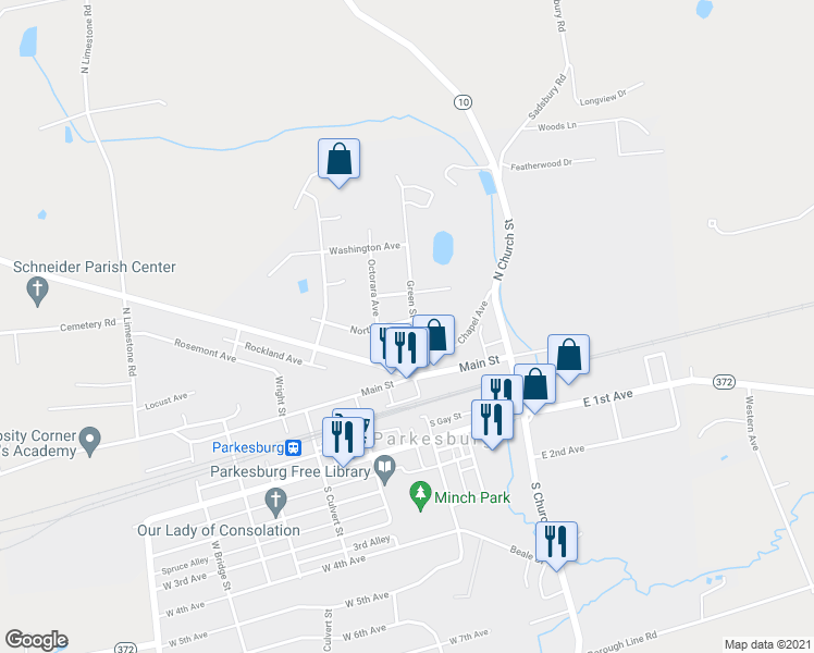 map of restaurants, bars, coffee shops, grocery stores, and more near 220 Green Street in Parkesburg