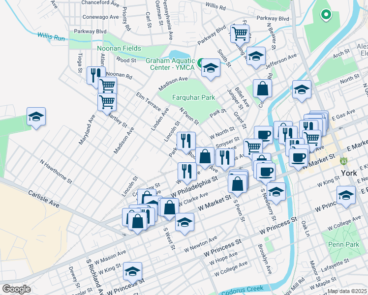 map of restaurants, bars, coffee shops, grocery stores, and more near 261 Roosevelt Avenue in York