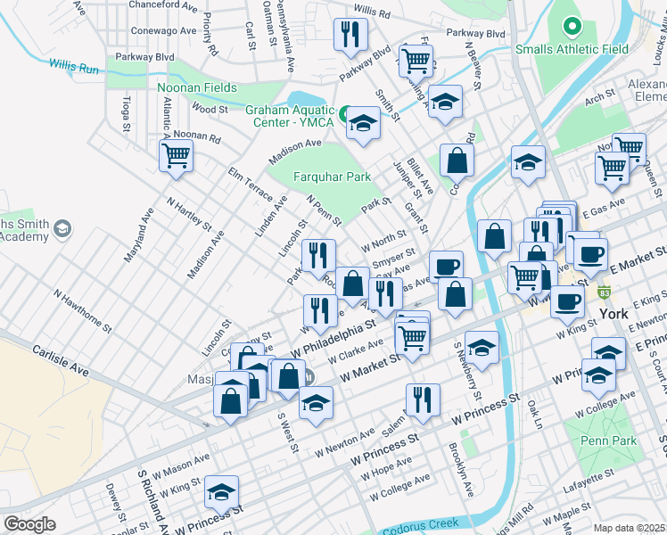 map of restaurants, bars, coffee shops, grocery stores, and more near 228 Park Place in York