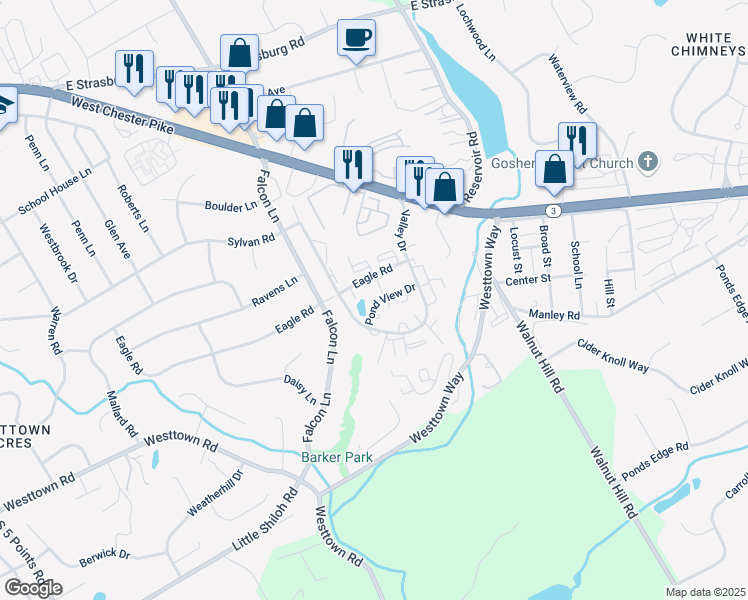 map of restaurants, bars, coffee shops, grocery stores, and more near 2410 Pond View Drive in West Chester