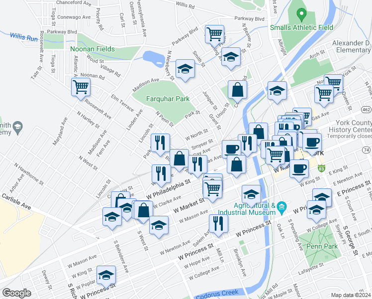 map of restaurants, bars, coffee shops, grocery stores, and more near 212 North Penn Street in York