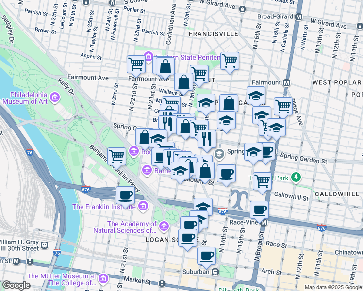 map of restaurants, bars, coffee shops, grocery stores, and more near 510 North 19th Street in Philadelphia