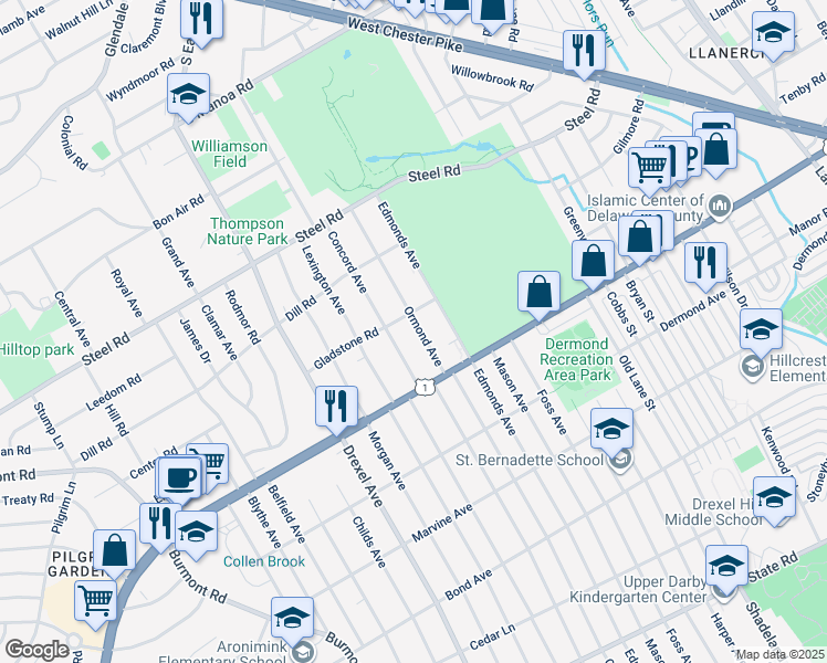 map of restaurants, bars, coffee shops, grocery stores, and more near 22 Ormond Avenue in Havertown