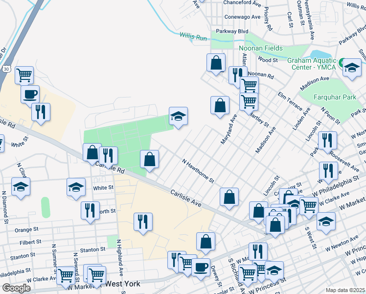 map of restaurants, bars, coffee shops, grocery stores, and more near 720 Texas Avenue in York