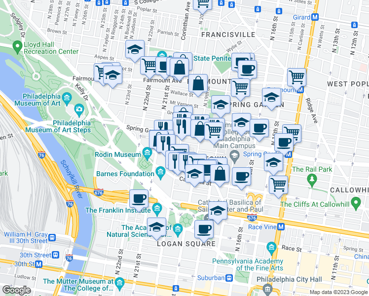 map of restaurants, bars, coffee shops, grocery stores, and more near 58 Hamilton Circle in Philadelphia