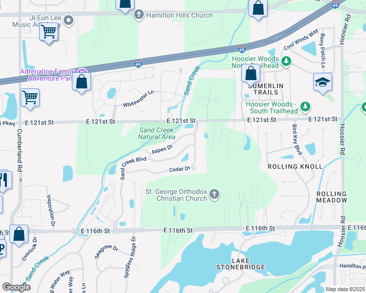 map of restaurants, bars, coffee shops, grocery stores, and more near 10620 Sand Creek Boulevard in Fishers