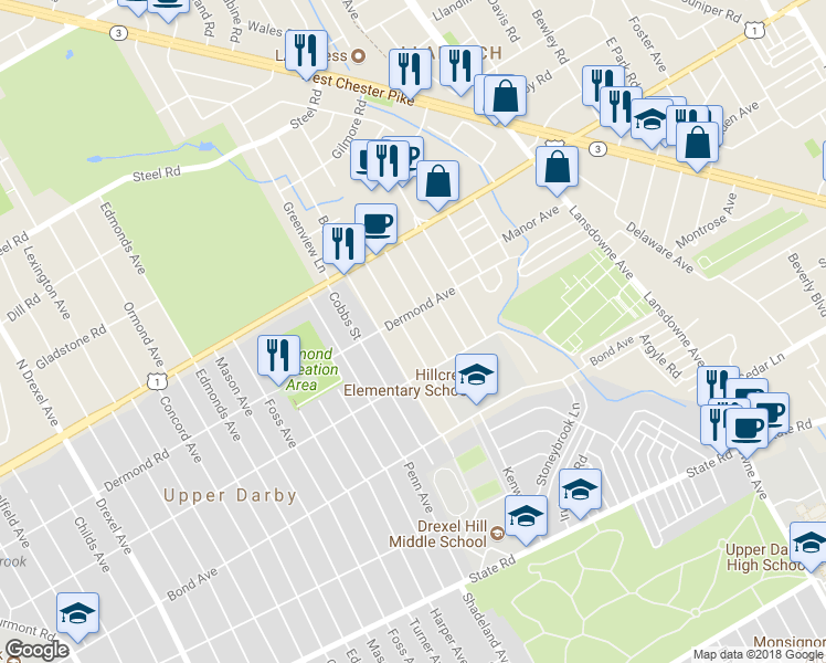 map of restaurants, bars, coffee shops, grocery stores, and more near 1133 Agnew Drive in Drexel Hill