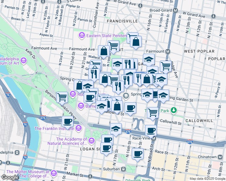 map of restaurants, bars, coffee shops, grocery stores, and more near 1801 Buttonwood Street in Philadelphia
