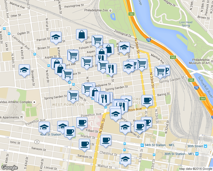 map of restaurants, bars, coffee shops, grocery stores, and more near 3732 Brandywine Street in Philadelphia