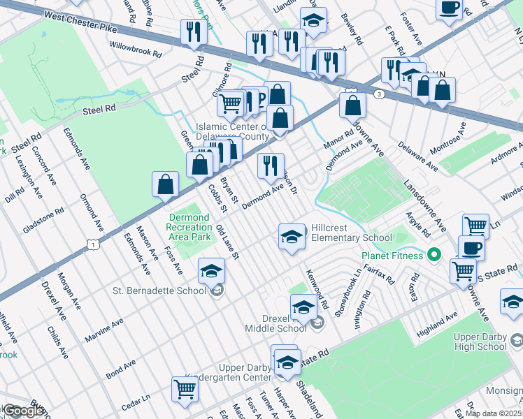 map of restaurants, bars, coffee shops, grocery stores, and more near 1133 Agnew Drive in Drexel Hill