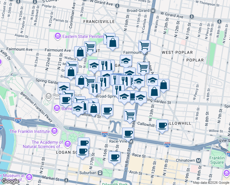 map of restaurants, bars, coffee shops, grocery stores, and more near N 16th St & Spring Garden St in Philadelphia