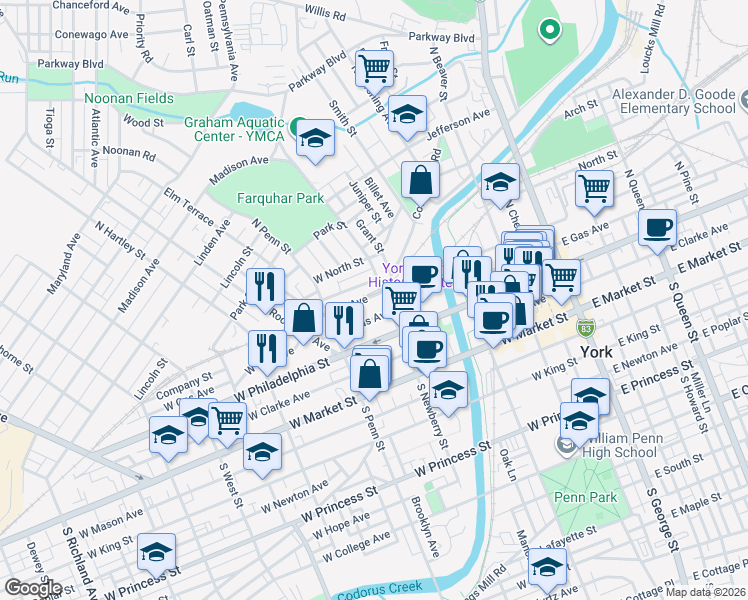 map of restaurants, bars, coffee shops, grocery stores, and more near 330 Smyser Street in York