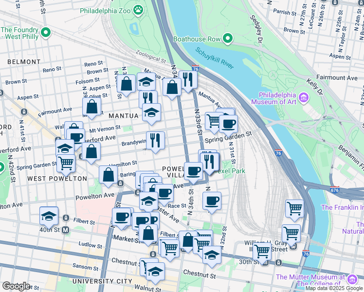 map of restaurants, bars, coffee shops, grocery stores, and more near 438 North 34th Street in Philadelphia