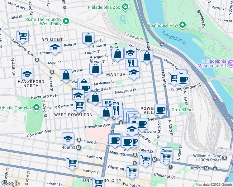 map of restaurants, bars, coffee shops, grocery stores, and more near 3713 Brandywine Street in Philadelphia