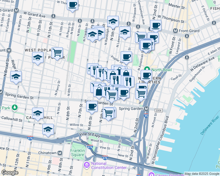 map of restaurants, bars, coffee shops, grocery stores, and more near 424 Fairmount Avenue in Philadelphia