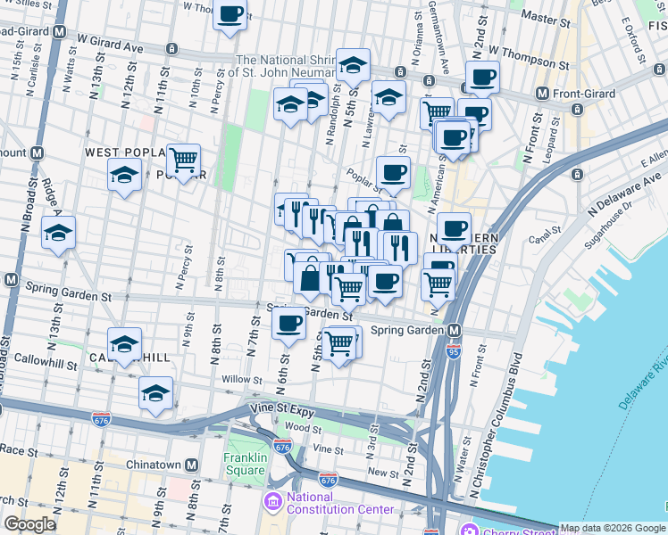 map of restaurants, bars, coffee shops, grocery stores, and more near 423 Fairmount Avenue in Philadelphia