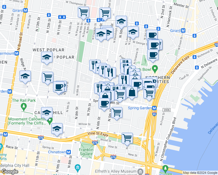 map of restaurants, bars, coffee shops, grocery stores, and more near 638 North 5th Street in Philadelphia