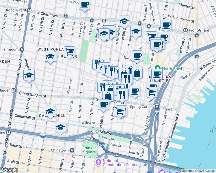 map of restaurants, bars, coffee shops, grocery stores, and more near 638 North 5th Street in Philadelphia