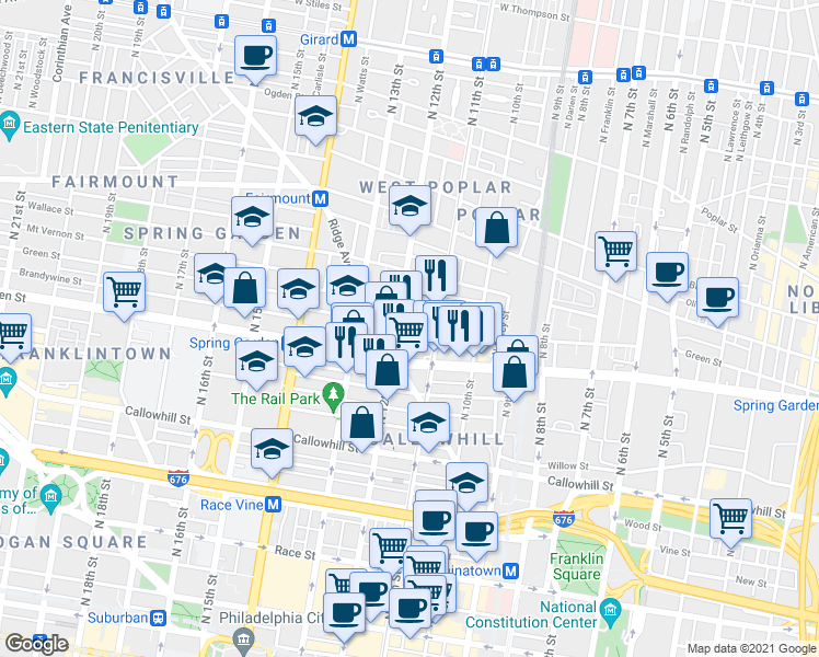 map of restaurants, bars, coffee shops, grocery stores, and more near in Philadelphia