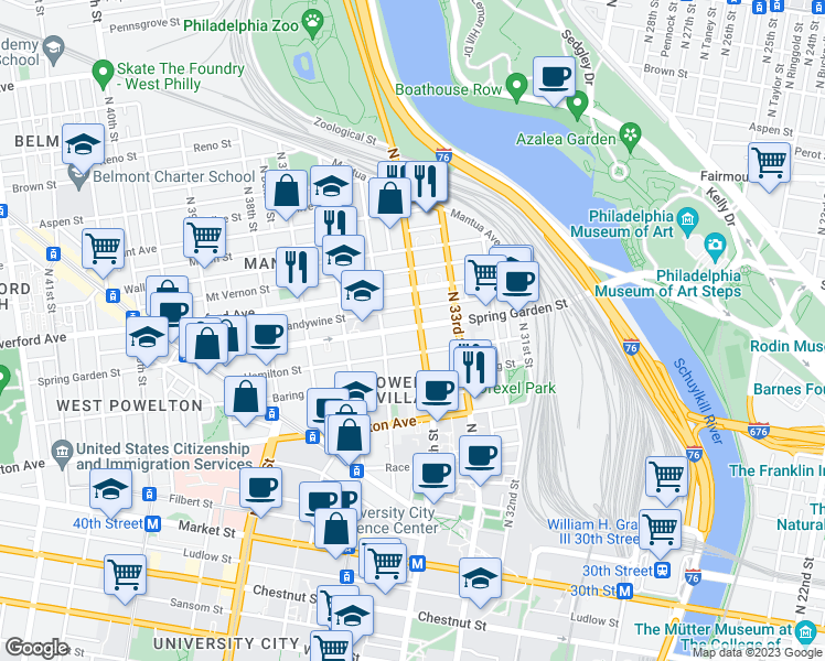 map of restaurants, bars, coffee shops, grocery stores, and more near 438 North 34th Street in Philadelphia