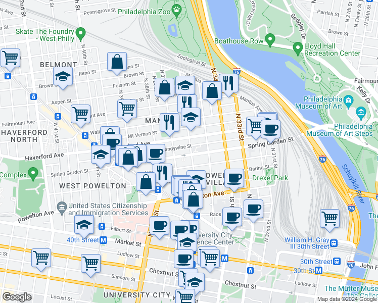 map of restaurants, bars, coffee shops, grocery stores, and more near 3610 Brandywine Street in Philadelphia
